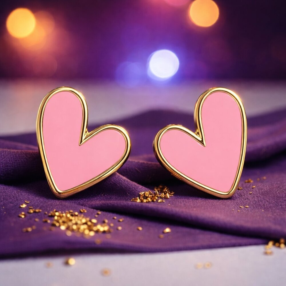 Pink Enamel Heart Stud Earrings Gold Tone Hypoallergenic Gift for Girls & Teen